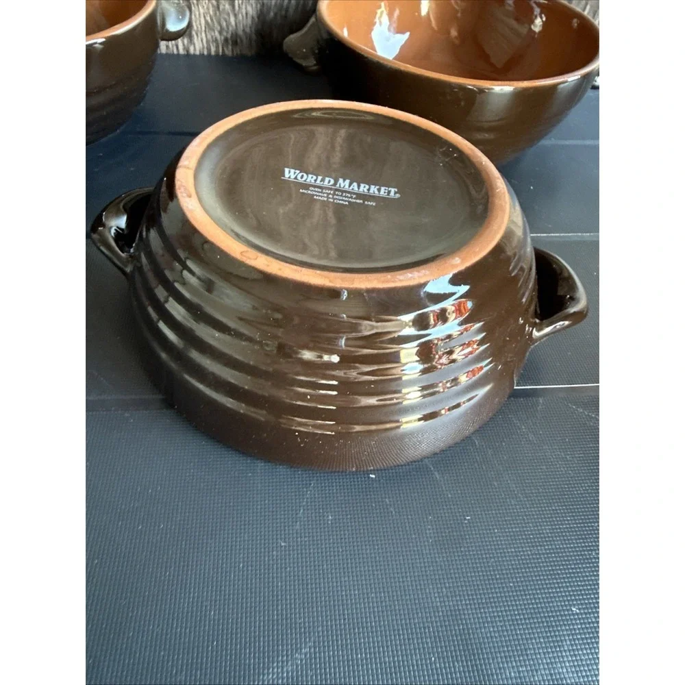 World Market Soup Crock Pot With Lid BowlsEarthenware Two Tone Brown Terra Cotta